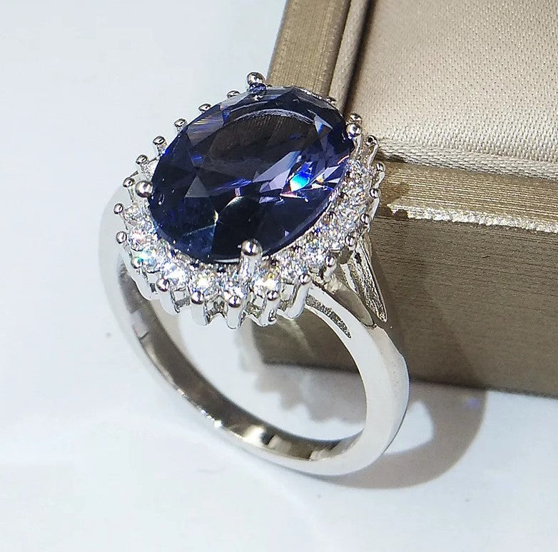 Bague classique bleue en cristal et argent 925 pour femme, grande pierre, taillée de princesse, bijoux de fiançailles, cadeau d'anniversaire, luxe